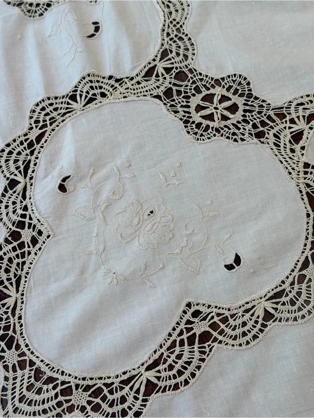Vintage cotton linen cutwork battenburg lace formal tablecloth 84”x66” Victorian
